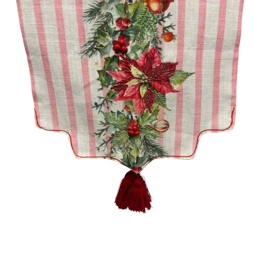 Lillian August Home Christmas Poinsettia Striped Table Runner Pink Red 14x72 NEW